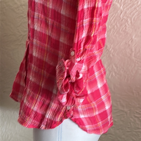 C&C California Pink Plaid Lightweight Woven Crinkle Button Up Shirt Small - Picture 4 of 9